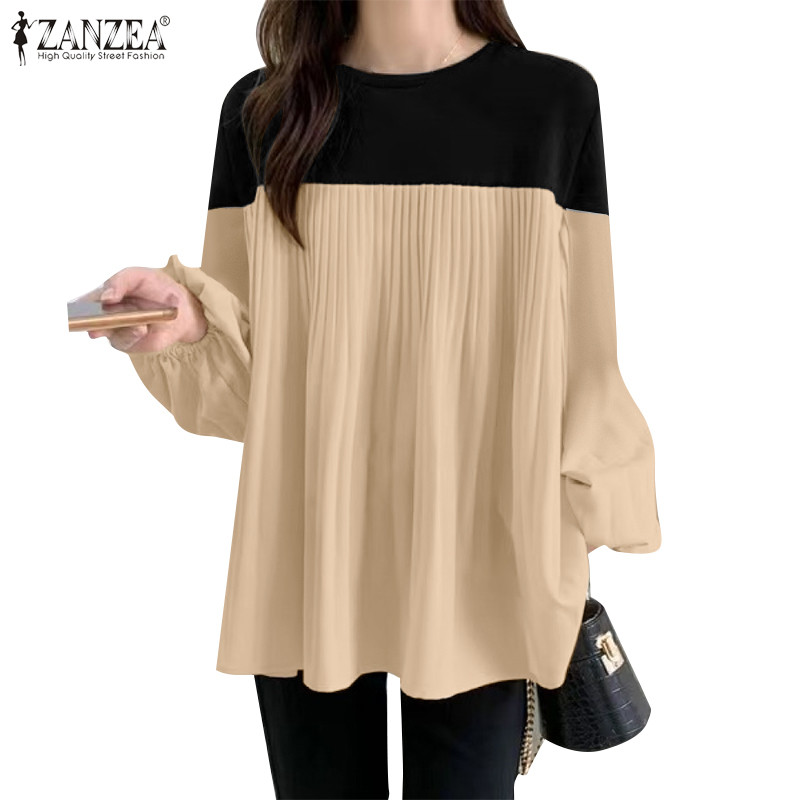Zanzea ผู้หญิงเกาหลีลําลองลูกเรือคอยาวแขนยาว Contrast จีบเสื้อหลวม