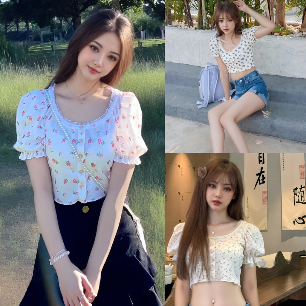เสื้อครอปสไตล์เกาหลีทรงมินิมอล แขนพัฟพิมพ์ลายสวยๆ เสื้อสีล้วนแต่งขอบระบายสุดเก๋ ใส่แล้วดูดีทุกวัน