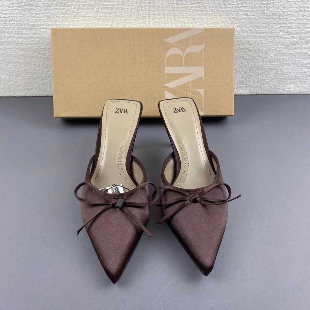 100% ZARA-รองเท้าส้นสูงผู้หญิง Bowknot Pointed Stiletto Heels รองเท้าแตะแฟชั่น