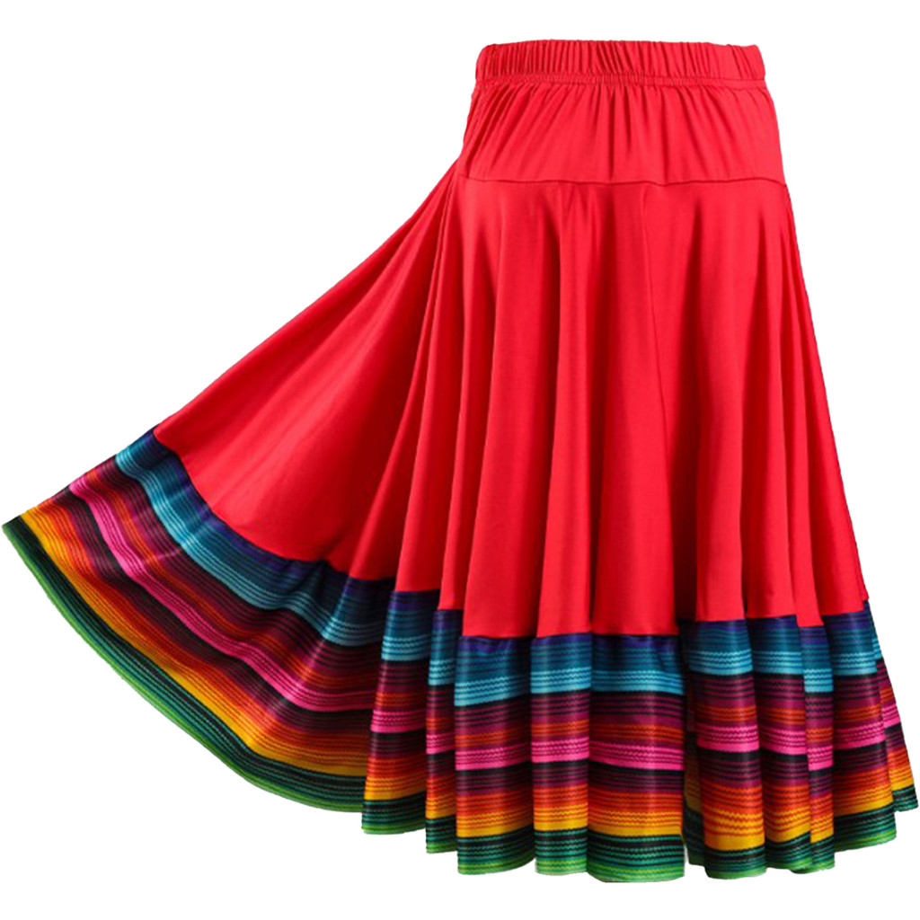 ผู้หญิงสเปน Paso Doble Flamenco กระโปรงเต้นรํา 55 ซม.เอวยางยืดกว้าง Hem สีสันกระโปรงลาย Ballroom เต้นรําระเบิด Waltz Cha-cha Tango Stage เครื่องแต่งกาย