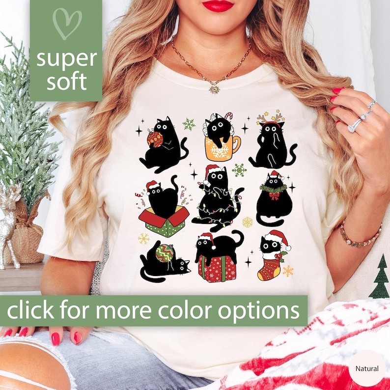 Christmas Black Cat Shirt for Cat Mom Gift, Black Cat Christmas Tshirt, Funny Cat Shirt for Christma