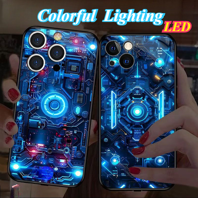 เมนบอร์ดแก้วไฟ LED เรืองแสงเคสโทรศัพท์ Protector สําหรับ iPhone 16promax 16pro 16 15 15Promax 15pro 14Promax 14pro 14 13Promax 13 13pro 12ProMax 12pro 11ProMax 11pro 12 11