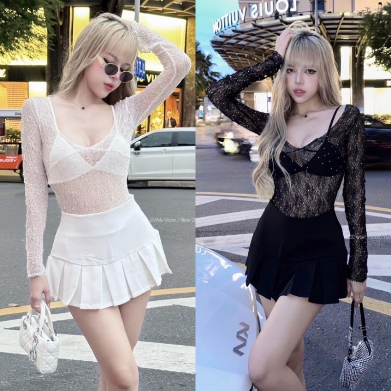 (xs-l) (พร้อมส่ง) KITTI59 60 (s)(e)(t) (3) ชิ้น เสื้อแขนยาวลูกไม้(+)กระโปรง Cafe
