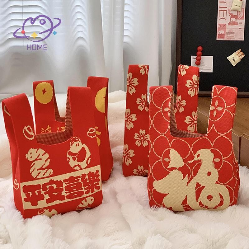 [mayhome] กระเป๋าถือถักปีใหม่จีน Mini Knot Wrist-Bag หญิง Casual สีกว้างลายลายสก๊อต Tote กระเป๋านักเรียนกระเป๋าช้อปปิ้งแบบใช้ซ้ําได้ {TH}