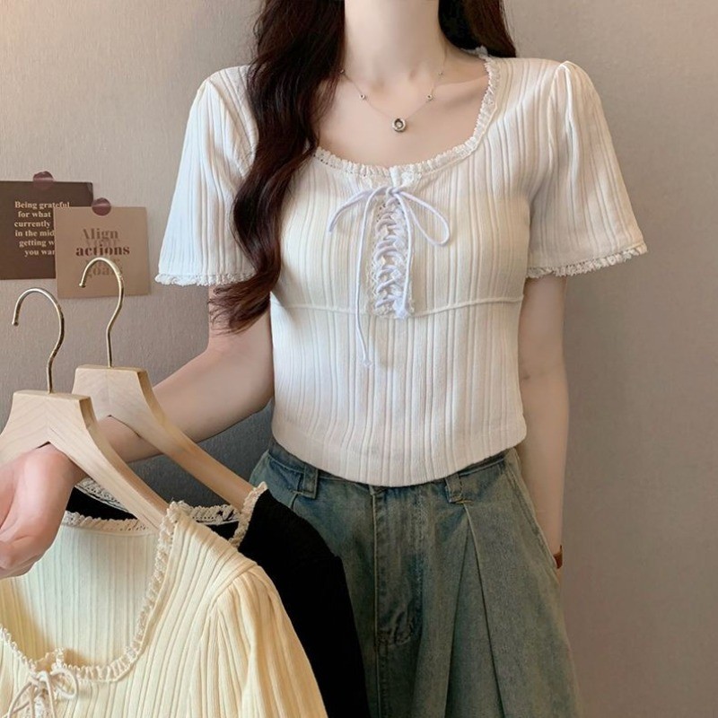 🧡LINNA🧡เวอร์ชั่นเกาหลี ถัก ลูกไม้ แขนสั้น เสื้อเชิ้ต
