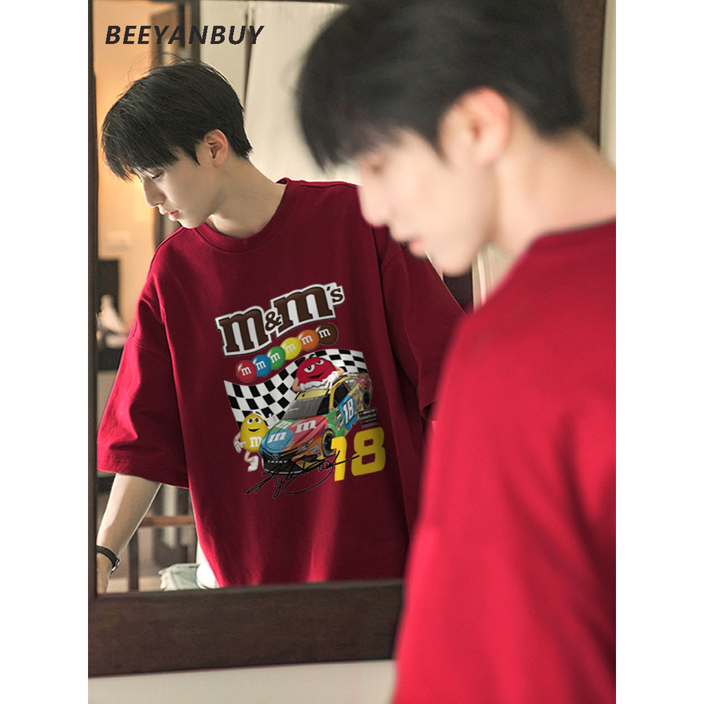 Beeyanbuy เสื้อยืด Oversize เสื้อยืดแขนสั้นหลวมพิมพ์ลายลูกกวาดสีรุ้งแฟชั่น #I003062