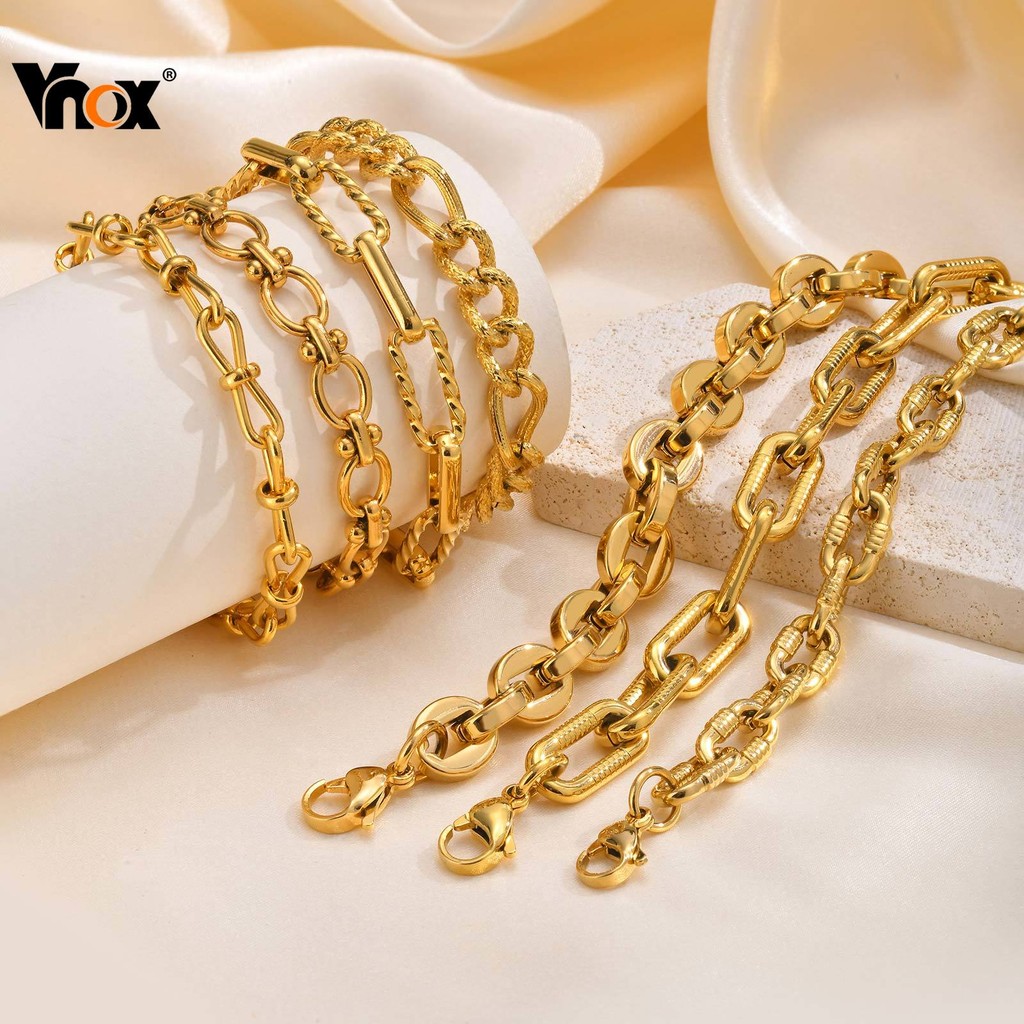 Vnox سوار ستانلس عريض بتعليقات ذهبية 18K
