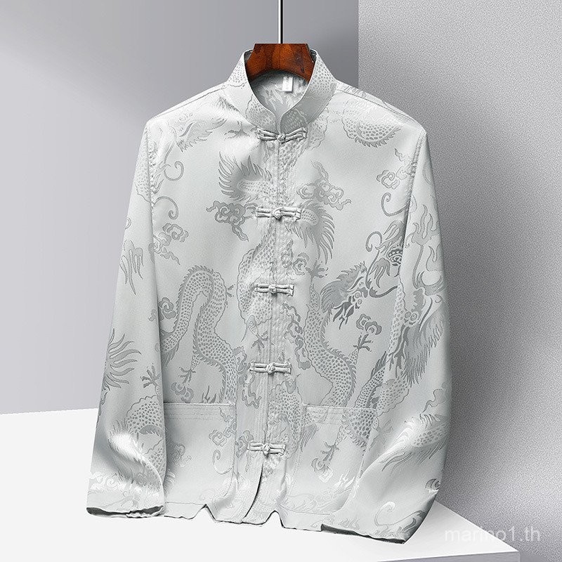 ผู้ชายรสสูทจีนดั้งเดิมสวมใส่เสื้อผ้าปีใหม่จีนใหม่สไตล์จีนมังกรแบบรสสูทผู้ชายผ้าไหมน้ำแข็งแขนยาวฤดูใบไม้ผลิและฤดูร้อน