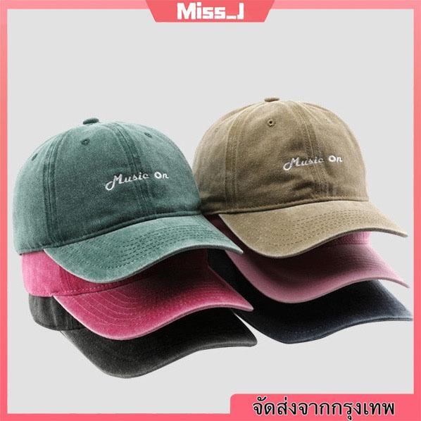 Miss_J พร้อมส่งจากกทม หมวกเบสบอลย้อนยุคสีทึบ Music on เย็บปักถักร้อยจดหมาย สามารถสวมใส่ได้ทั้งชายและหญิง