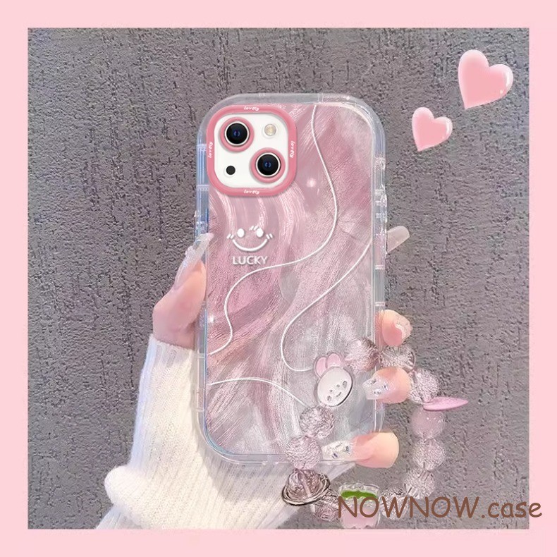 Iphone 16 15 14 13 12 11 Pro Max X XR XS Max 7 8 Plus INS สีชมพู Blunt Simple Smile Puff เคสโทรศัพท์พร้อมสร้อยข้อมือคริสตัลปกอ่อน