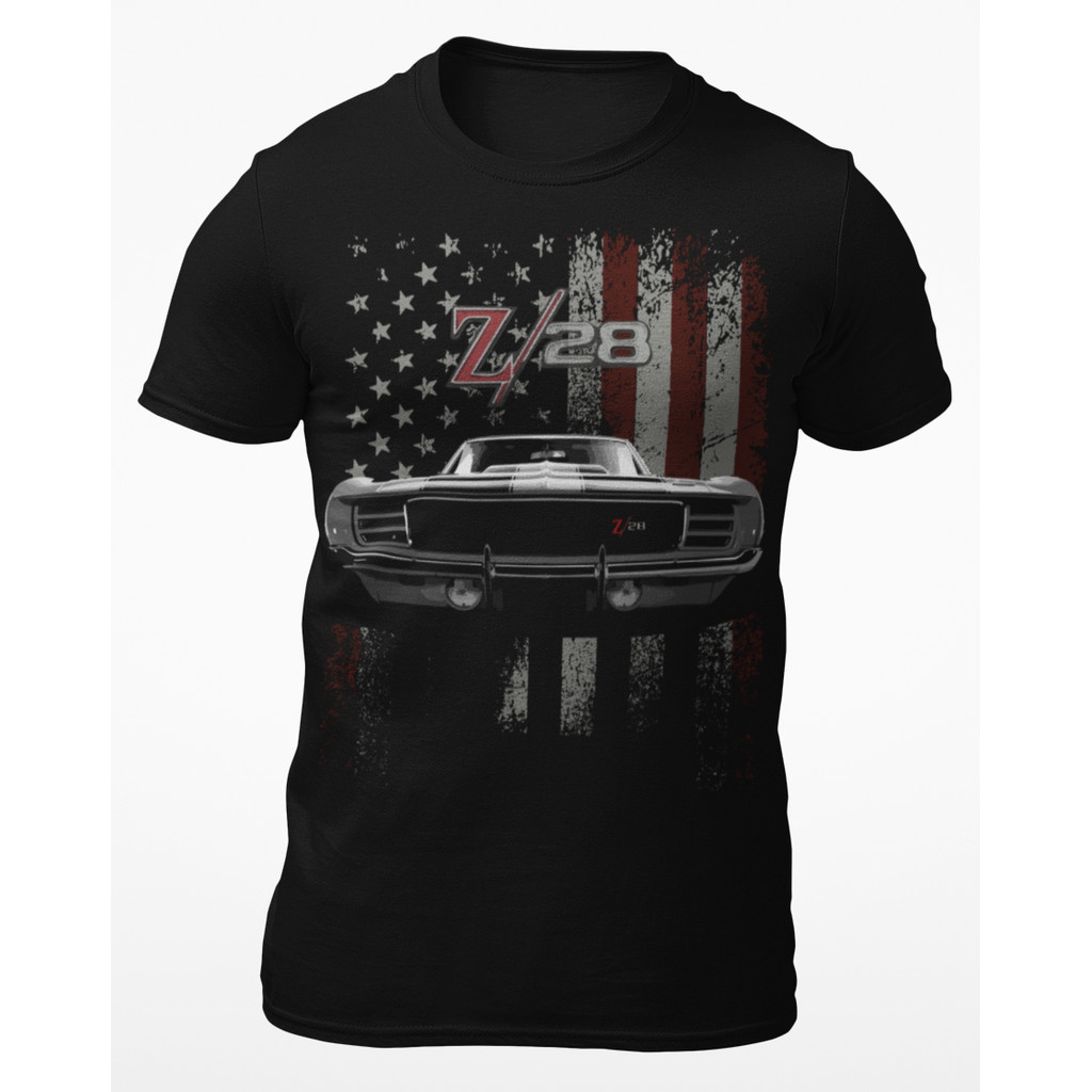 เสื้อยืดแขนสั้นผู้ชาย Chevy Camaro Z28 American Muscle Car Patriotic