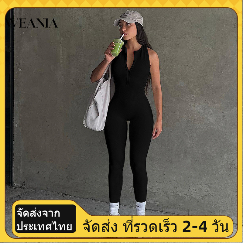 (shipped from Thailand) Weania ชุดจั๊มสูท แขนกุด มีซิป เปิดหลัง รัดรูป สําหรับเล่นโยคะ