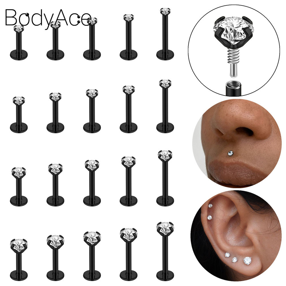 Bodyace 1 Pc สแตนเลสสตีลหูเจาะ 16G/18G ต่างหูสีดํา Lip เจาะด้ายภายใน Labret เจาะ Helix ต่างหู