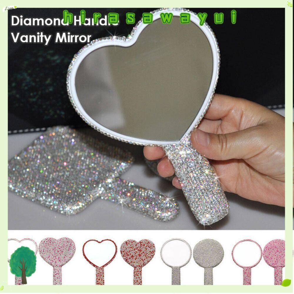 Hirasawayui กระจกแต่งหน้า, Rhinestone พร้อมที่จับกระจกมือเครื่องสําอาง, Shiny Bling Portable Round Square Heart Shape Handheld Mirror