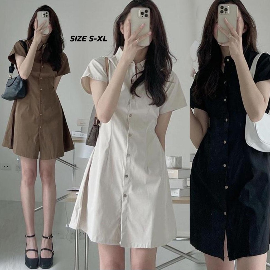 mimi&did#เสื้อเชิ้ตมินิเดรสแขนสั้น ปกคอโปโล ดีไซน์เรียบง่าย เหมาะกับฤดูร้อน สไตล์เกาหลี เสื้อผ้าแฟชั