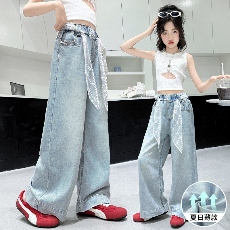 2025 กางเกงยีนส์เด็กผู้หญิง Tencel ใหม่ กางเกงขากว้างขอบลูกไม้บาง