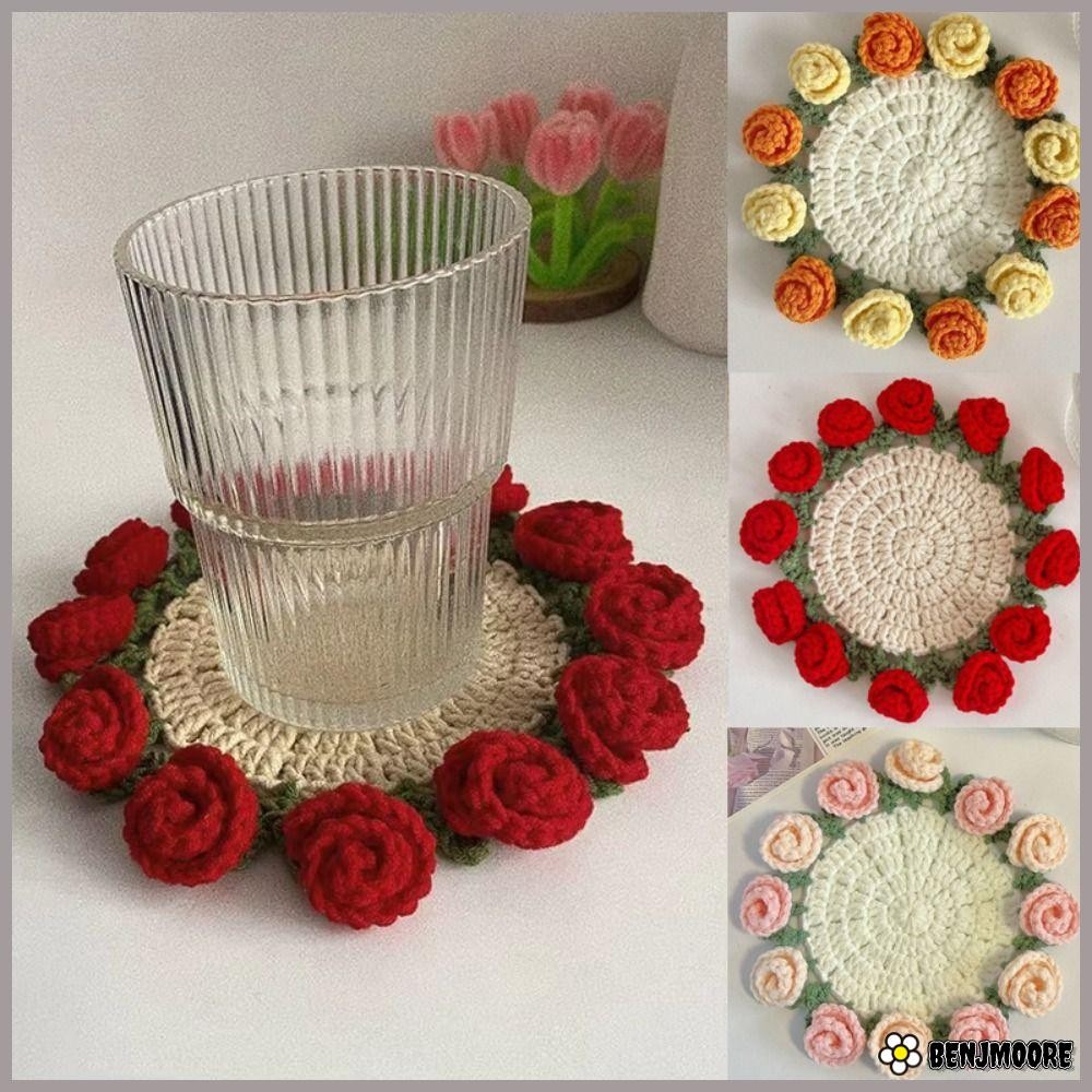 BENJMOORE Rose Bouquet Coaster, DIY Mini Flower Coasters, Hand ถักโครเชต์ดอกไม้หม้อตกแต่งบ้าน