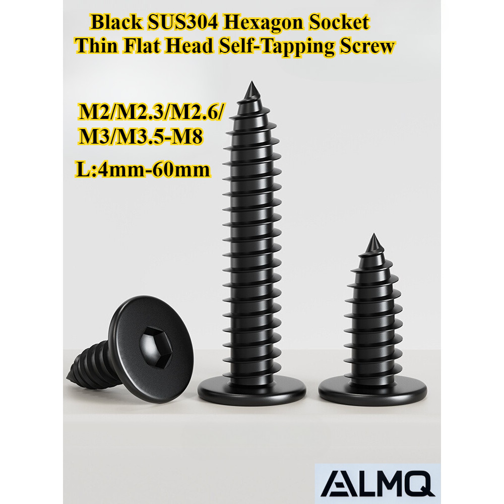 [LMQ-ZGLS] สีดํา SUS304, สกรูแตะตัวเองหัวแบนบางซ็อกเก็ตหกเหลี่ยม, M2/M2.3/M2.6/M3/M3.5-M8, สกรูหางแหลมหัวแบนซ็อกเก็ตหกเหลี่ยม, ความยาว 4 มม.-60 มม. สกรูไม้