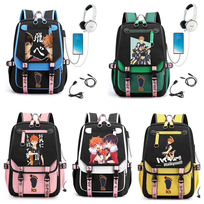 Anime Haikyuu Backpack Student School Bag Laptop Bagpack Travel Bag (อินเทอร์เฟซ USB และหูฟัง)