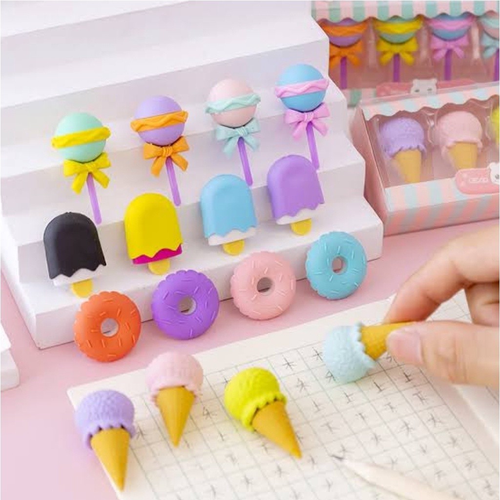 Sweet Shop Cone Lollipop Ice Cream Donut Character Pencil Eraser Set 4 S&F 837