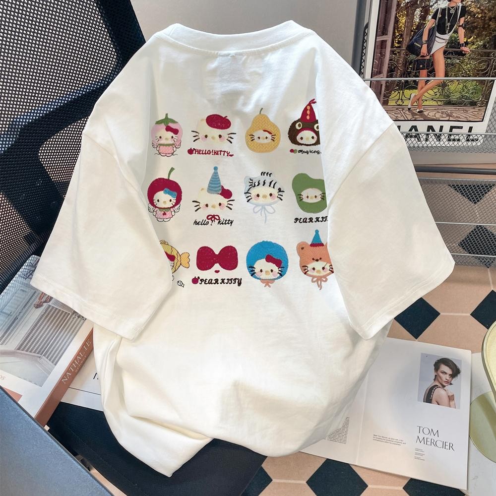 เกาหลี ผ้าฝ้าย100% เสื้อยืดแขนสั้น Oversize CMDXY7615 ผู้ชาย ผู้หญิง ลายทาง ตัวอักษร การ์ตูน หลวม ฤดูร้อน ฤดูใบไม้ผลิ