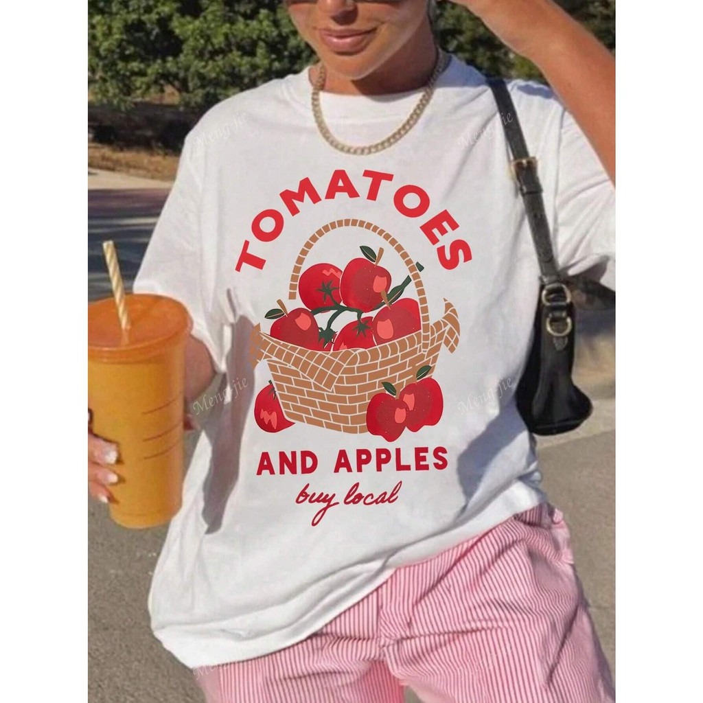 Hustlin เสื้อยืดผู้หญิงโอเวอร์ไซส์ ลายตะกร้ามะเขือเทศ แอปเปิ้ล ผ้าคอตตอน 100% สไตล์เกาหลี น่ารัก ใส่