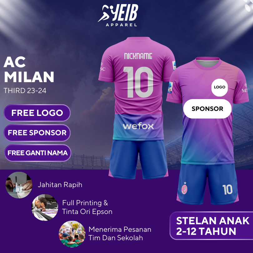 BOYS FOOTBALL JERSEY ACMILAN TH1RD 2023-2024 SERIE A JERSEY FULL PRINTING คุณภาพระดับพรีเมียม