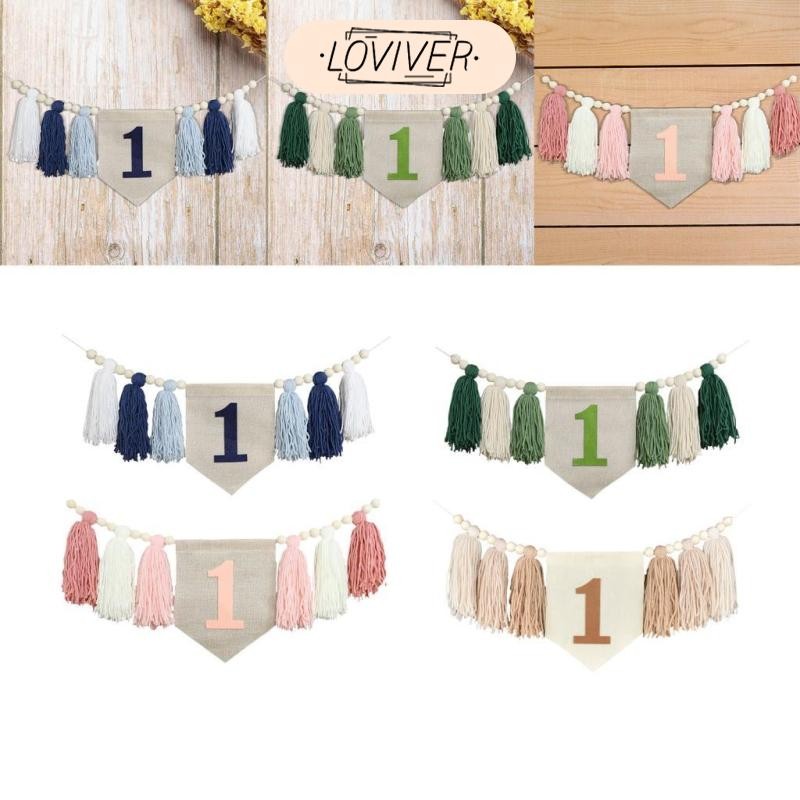 LOVIVER 1ST วันเกิดเก้าอี้สูงแบนเนอร์วันเกิดเด็กพู่ Garland Photo Prop Boho ไม้