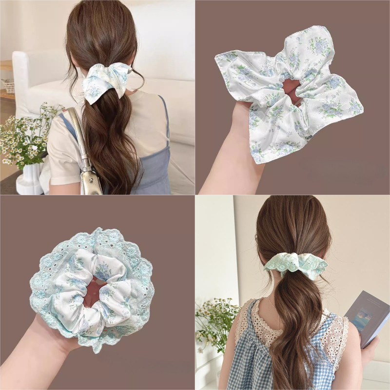 ใหม่ผู้หญิงลูกไม้ดอกไม้พิมพ์สแควร์ผูกผมยางรัดหัวเชือก Scrunchies