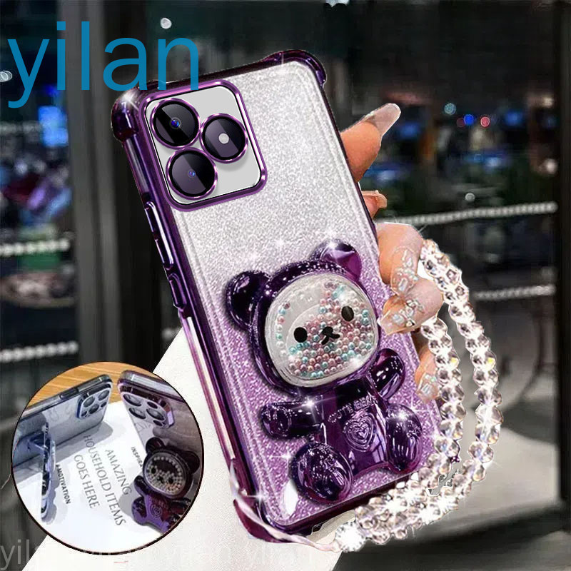 เคสโทรศัพท์กันกระแทกสําหรับRealme C53 C51 C63 C61,NOTE 50 สี่มุมAnti DROPน่ารัก 3Dสีสันผู้ถือหมีวงเล็บฝาครอบคริสตัลสร้อยข้อมือsoftcase