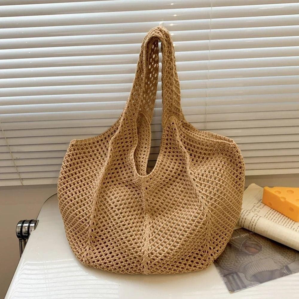 Isitaft โครเชต์ตาข่าย Tote, Hollow Out Soft ผู้หญิงถักไหล่กระเป๋า, Bohemian อเนกประสงค์สีทึบขนาดใหญ่ความจุกระเป๋าช้อปปิ้งเรียบง่ายชายหาด