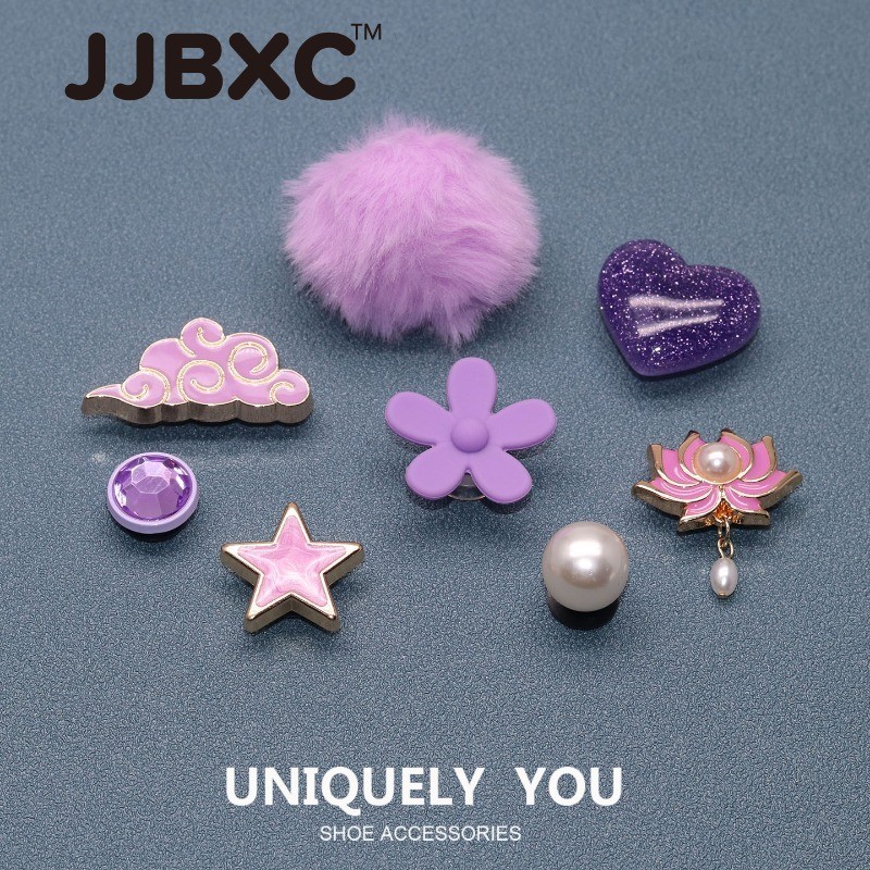 JJBXC ตัวติดรองเท้า charm โลหะประดับพู่ขนสีม่วง ไข่มุกสีชมพู ดาว ดีไซน์หวาน แฟชั่น ทนทาน อุปกรณ์ตกแต่งรองเท้า