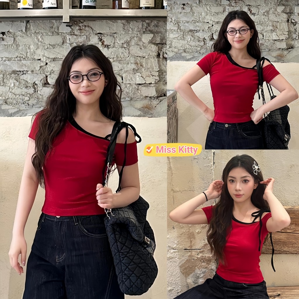 Miss Kitty พร้อมส่ง เสื้อไหมพรมครอป แขนสั้น สไตล์เกาหลี เปิดไหล่เล็กน้อย "M5576-1"