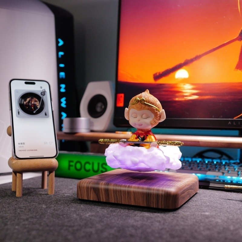 Maglev ลูกตุ้มตำนานสีดำ Wukong มือทำ Wukong เมฆหมุนแสดงยืน Wukong เครื่องประดับโต๊ะ Wukong มือรอบ Wu