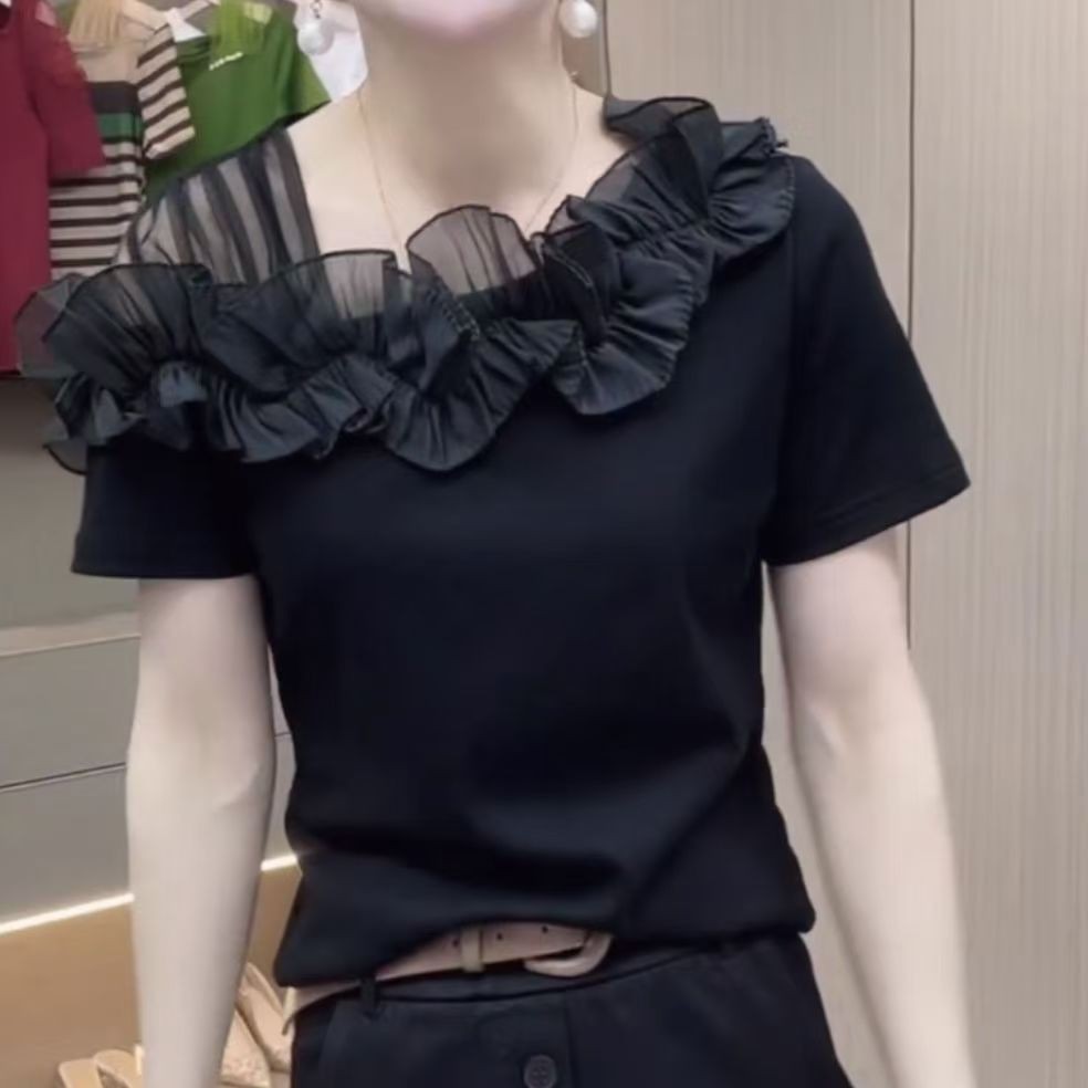 เสื้อยืดแขนสั้นแฟชั่นและอเนกประสงค์ใหม่ของผู้หญิงในช่วงฤดูร้อนพร้อมด้านบนใบบัว