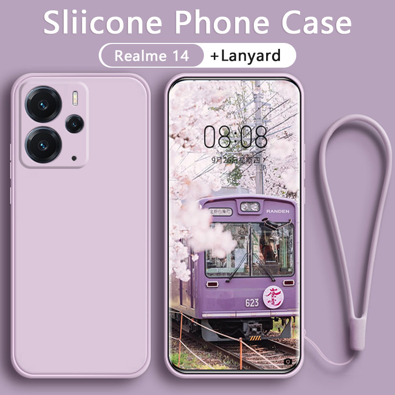 เคส Realme 14 14T 13 13 Plus 5G เคสซิลิโคนเหลวพร้อมกล้องแบบเต็มสายคล้อง สายคล้องเชือกเส้นเล็ก ข้าวแดง
