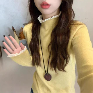 ครึ่งคอเต่าลูกไม้ขอบเสื้อกันหนาวผู้หญิงสไตล์ใหม่ด้านในบางพอดี ผอมลง ดู
