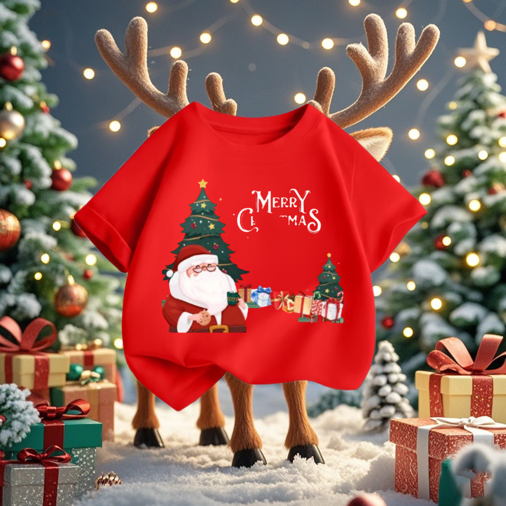 (จัดส่งตลอด 24 ชั่วโมง)KIDS PRINCESS เสื้อยืด Merry Christmas เสื้อยืดคริสต์มาสเด็กแขนสั้น สีแดงน่ารัก N115