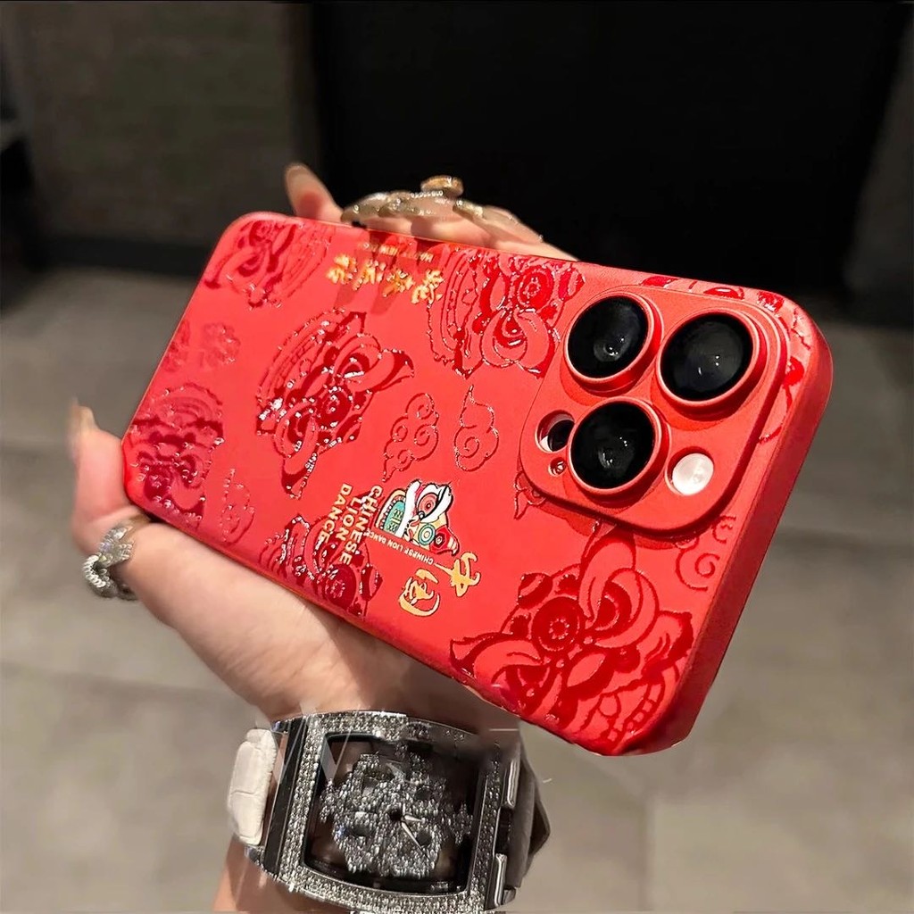 หรูหราปีงูใหม่สีแดง มีน้ําค้างแข็ง เคสโทรศัพท์สําหรับ ไอโฟน16 มือโปร สูงสุด 15 14 13 12 มือโปร สูงสุด กันกระแทกกล้องป้องกัน หยด-การพิสูจน์ ฮาร์ดปกหลัง