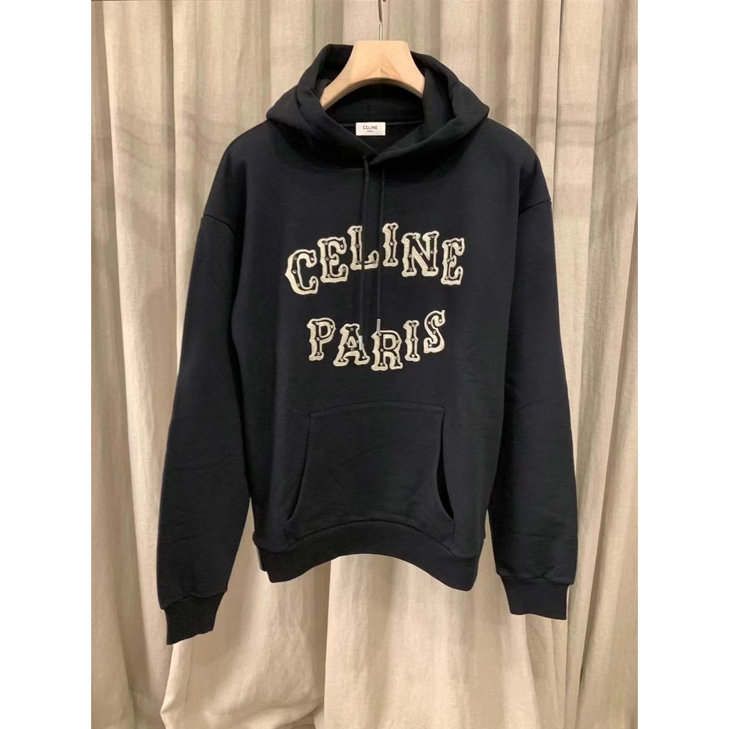 โลโก้ตัวอักษรของ CELINE เสื้อกันหนาวมีฮู้ดสีดําลําลองอินเทรนด์มีฮู้ดผู้ชายมีฮู้ด