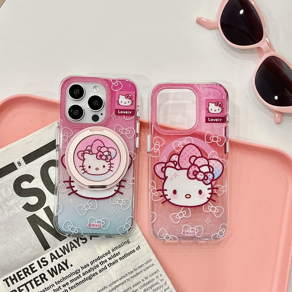 ฝาหลังสําหรับ IPhone 13 14 15 16 Pro Max IMD โบว์สีชมพู Hello Kitty Cat Magnetic Attraction Bracket อะคริลิคใสกันกระแทกเคสโทรศัพท์