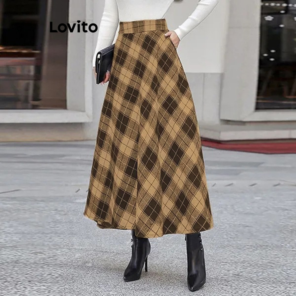 Lovito กระโปรงผู้หญิง แต่งกระเป๋า บล็อกสี ลายตาราง สไตล์ลำลอง LNL63057