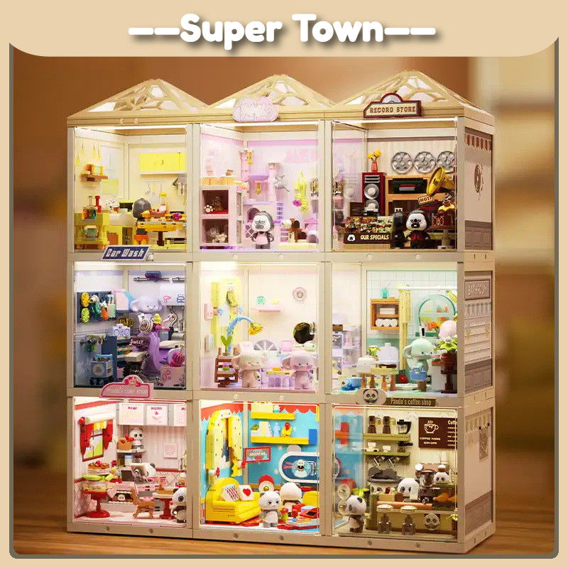 Super Town series building Block ของเล่น,ร้านขนมแพนด้า Music bar café Florist building blocks, เด็กปริศนาการศึกษารุ่น Figurine ของขวัญ