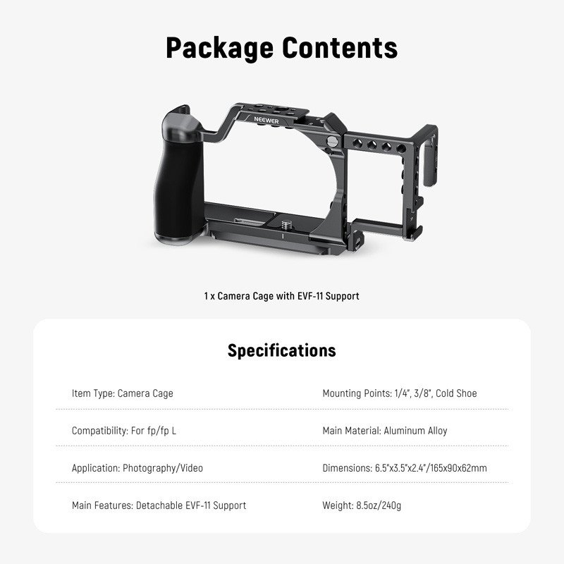 NEEWER CA132 กรงสําหรับ fp/fp L กรงกล้องโลหะ EVF-11 รองรับ 1/4 "และ 3/8" ด้าย Arca Quick Release แผ่นซิลิโคน Grip สําหรับ Sigma fp fpL DJI RS4 Pro