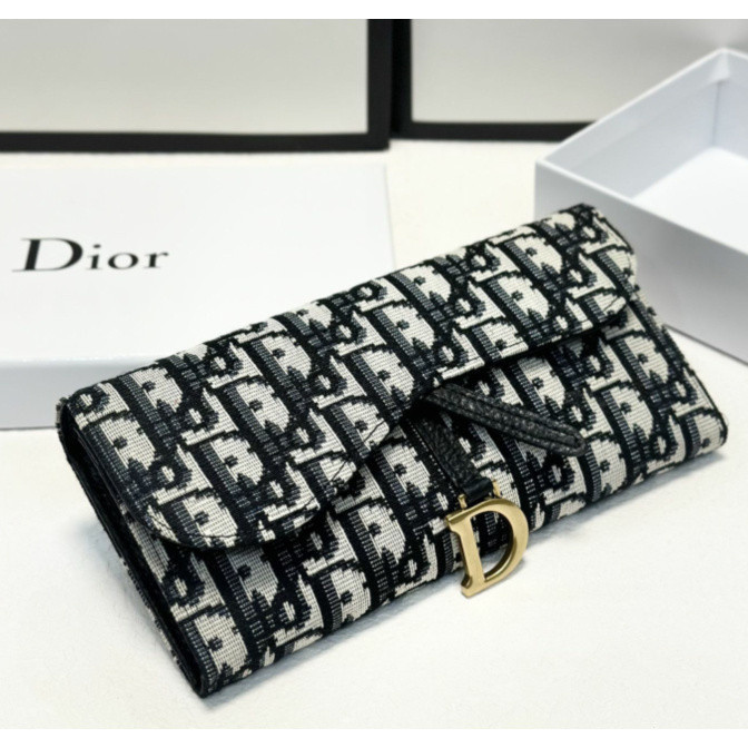 [กล่องของขวัญ] แฟชั่น Dior กระเป๋าสตางค์ หนังคุณภาพสูง แพ็คการ์ดพับคู่ ผู้หญิงสุดหรูกระเป๋าถือ