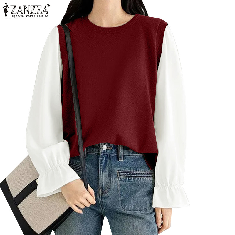 ZANZEA ใส่ ซานเซีย ผู้หญิงเกาหลีทุกวันสบายๆปลอมสองชิ้นนัวเนียแขนเสื้อเสื้อ