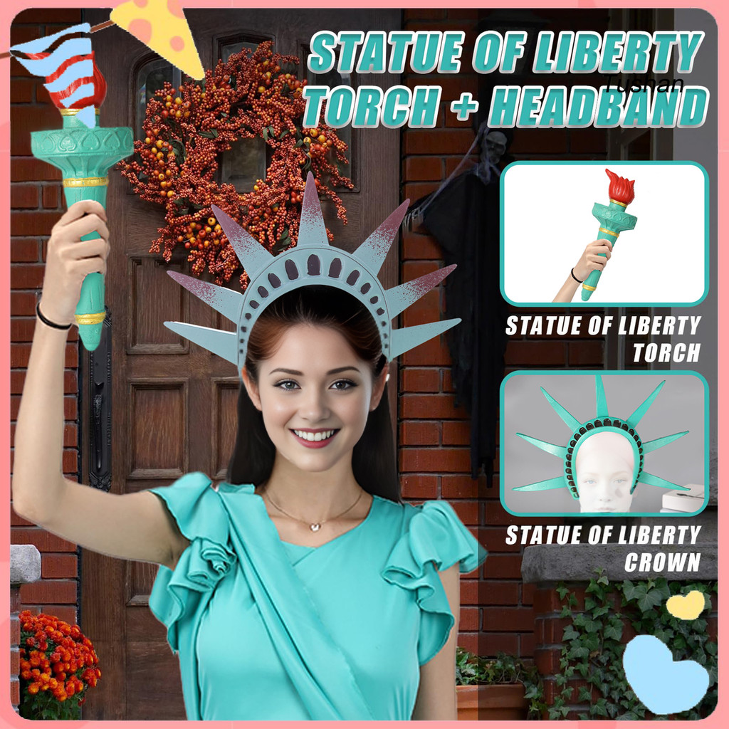 [Ts] รูปปั้นของ Liberty ที่คาดผมมงกุฎไฟฉายคอสเพลย์ Lady Liberty เครื่องแต่งกายอุปกรณ์เสริม 4th of กร