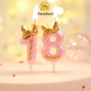 💕เทียนโบว์ สีชมพูน่ารัก เบอร์ 0-9 สําหรับตกแต่งเค้กวันเกิดParadised