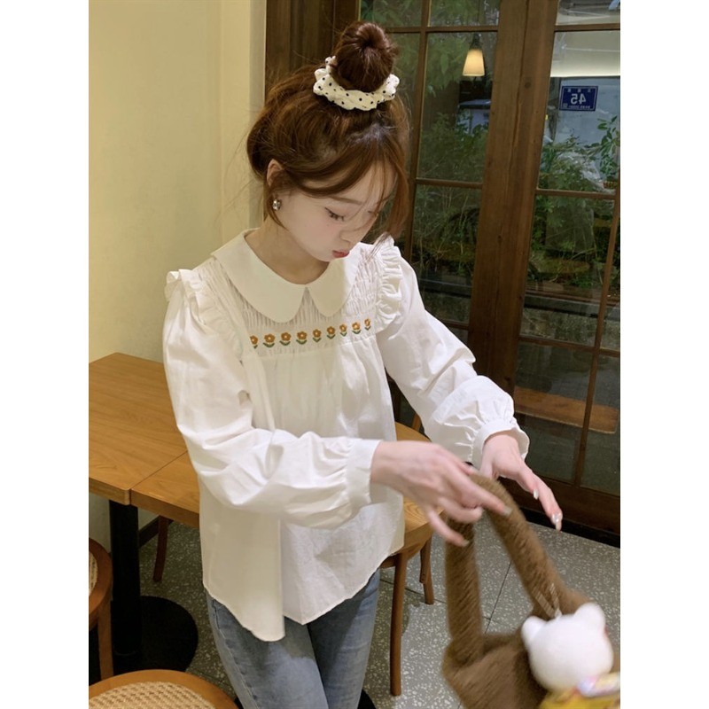 🎀Mona🎀เวอร์ชั่นเกาหลี เย็บปักถักร้อย แขนยาว เสื้อเชิ้ต แฟชั่น