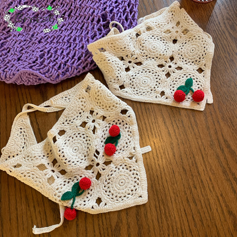 Breeze ที่คาดผมสามเหลี่ยม, ถักภาษาฝรั่งเศสคํา Pastoral สไตล์ Headscarf หมวก, แฟชั่น Handmade โครเชต์ Little Cherry แถบคาดศีรษะผ้าเช็ดตัวฤดูใบไม้ผลิฤดูร้อน